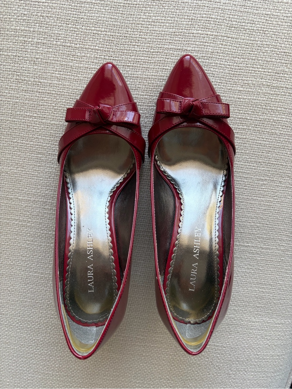Laura Ashley Red Patent Pointed-Toe Flats with Bow